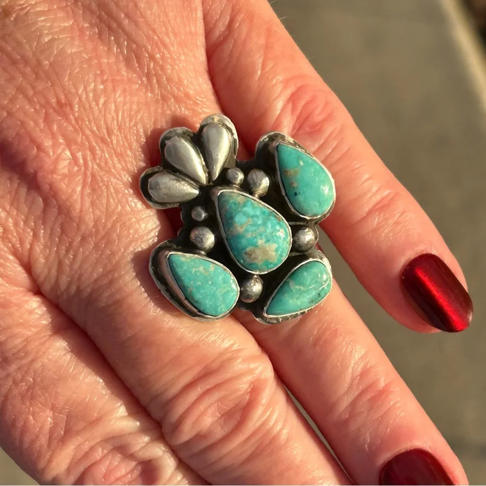 Russell Sam Native American White Water Turquoise Sterling Statement Ring - Picture 10 of 14